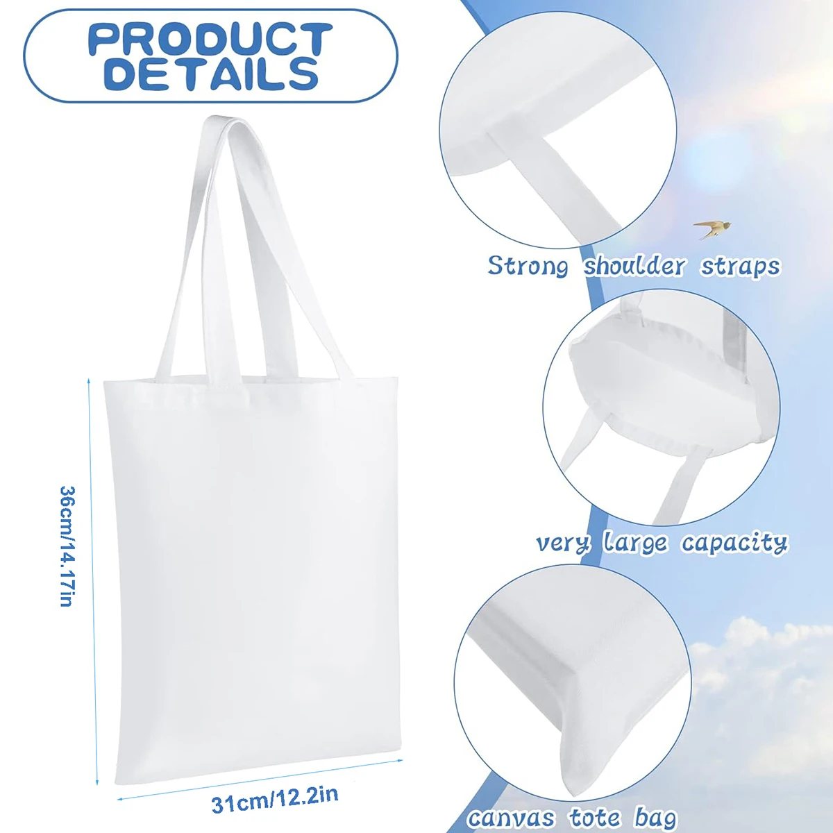 6pcs White Canvas Tote Bags, S - Tote Bag Sublimation recension och pris